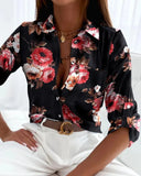 Letter Print Office Shirt Autumn Women Lapel Long Sleeve Single Breasted Blouse Elegant Pocket Camisas De Mujer