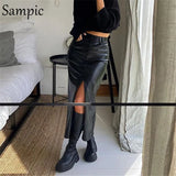 Sexy Women Skinny Harajuku Split Black Pu Leather Skirts Long Winter 2020 Ladies Office Pencil Hight Waisted Y2K