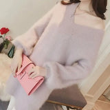 All-match Midi Elegant Solid Color Sweaters 2023 Autumn Winter Korean Loose Long Sleeve V-Neck Jumpers Women's