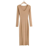 women solid elegant v neck sweater dress long sleeve ladies side open midi dress