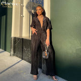 Short Sleeve Shirts Set Woman 2 Pieces Sexy Green Pleated Trouser Suits Female Casual High Waist Wide Pants