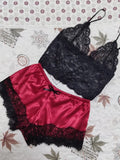 Sexy Lace Trim Satin Two Piece Pajamas
