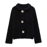 Women's Autumn And Winter New Fashion Flower-Shaped Buckle Knitted Sweater Cardigan