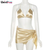 Puss 3 Piece Sets Women Vacation Outfits Summer Sexy v-Neck Midnight Clubwear Top+Thong+Skirt 2021 Lace Up Matching