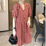 Lady Flowers Printed Elegant V-Neck Casual Dresses Women's Stylish Puff Sleeve Single-breasted Summer A-Line Midi
