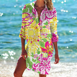 Women Printed Blouse Long Top Tunics Cardigan Half Sleeved Loose Beach Wear Swimwear Ladies Dresses Shirts Button 2023-Outfit