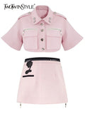 Solid Two Piece Set Womens Lapel Long Sleeve Tops High Waist Mini Skirts Patchwork Floral Sets Female Clothing