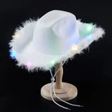 Feather Trim Cowboy Hats with Colorful LED Light Fun Club Party Disco Pink Cowgirl Hat for Women Men-Outfit