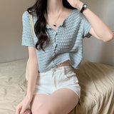 Row Hollow T-Shirt Women's Summer New Cardigan Short Leisure Thin Solid Color Temperament Short-Sleeved Top