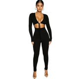 Solid Hollow Out Long Sleeves Bandage Bodycon Jumpsuit Summer Women Fashion Sexy Club Backless One Piece