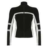 Women Black Patchwork Zipper Crop Tops Autumn Ribbed Basic Stand Collar Long Sleeve Slim Jacket Y2K Streetwear Shirts-Outfit