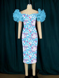 Net Yarn Sleeves Stitched Printed Bags Dresses Mid-Sevent Dress Party Dress Women