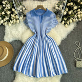 Retro-Necked Short-Sleeved Striped Knitted Dress Female Waist Temperament Thin A-Word