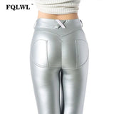 PU Faux Leather Pants Women Elastic Waist Hip Push Up Black Sexy Female Leggings Jegging Casual Blue Skinny Pencil