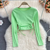 Women Fashion Korean Blouse Design Hollow Waist Long Sleeve O Neck Slim Tops Autumn Chic Streetwear Short Blouses