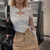 Street Short Sleeve T-shirt Women Harajuku Summer Hollow Out Slim Design Ins Korean Style Above Navel Cropped Top All-match-Outfit