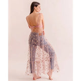 Women's Shiny Glitter Stars Mesh Sheer Bikini Cover Ups Tulle Spaghetti Straps See-through Maxi Dress Summer Beach-Outfit