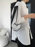 Straight Patchwork Shirt For Women Lapel Lantern Sleeve Colorblock Loose Blouses Female Clothing Style 2022