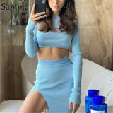 Sexy Women Knitted Hollow Out Skirt Set Long Sleeve Crop Top And Mini Bodycon Skirt Two Piece Set Autumn Suit