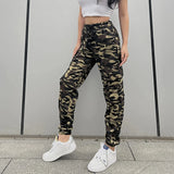 Print Camouflage Cargo Long Pants Women Lace Up Elastic Waist Pockets Loose Spliced 2023 Autumn Straight Trousers-Outfit