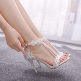 party Sandals Women White Lace Flowers Bridal Pearl Heel 9cm Fine High Heels Thin Bridal Pumps Wedding