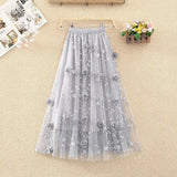 Fashion Appliques Embroidery Mesh Pleated Skirt Office Lady Commute All-match Elastic High Waist Aesthetic Ankle Skirts-Outfit