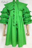 Sweet Solid Mini Dress For Women Peter Pan Collar Loose Sleeve Patchwork Ruched Folds High Waist Dresses Female 2023