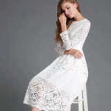 2025 New Women's Dress Round Collar Hollow Simple Lace Long Sleeves Medium Long
