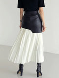 Casual Patchwork Pu Skirt For Women High Waist Midi Folds Pleated Skirts Female 2022 Spring Fashion Clothing