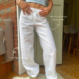 Women's Y2K Vintage Casual Long Pants Elastic Wide Waist Flower Hollowed Out Aesthetic Loose Trousers Streetwear-Outfit