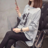 Striped Patchwork Split Shirt Korean Loose Spring Autumn Long Sleeve Female Clothing Casual Printed Round Neck