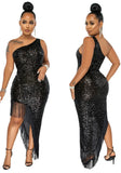 Sexy Sequins One Shoulder Sleeveless Fringe Tassels Irregular Cocktail Party