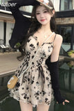 Print Long Sleeve Knit Cardigan Crop Coat Two-piece Dress Ladies Drawstring Floral V-neck French Suspender Robe Suit