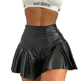 Women PU Mini Shorts Skirt High Waist Pleated Ruffled Hem Short Hip Skort Club Shorts Fashion Bottom Y2K