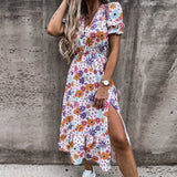 Summer Long Dress High Split Floral Print V Neck Puff Sleeve Dress Spring Short Sleeve A-Line Beach Midi Dress