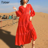 Lace Elegant Women's Dress Spring Hollow Button V Neck Lantern Sleeve White Long Dresses Boho Casual Holiday
