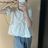 Style Blouse for Women Sweet Puff Sleeve Summer Loose Shirts Crop Tops Bandage Chic Blouses 2023 Blusas Mujer De Moda-Outfit