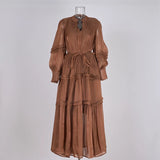 Temperament Dress 2025 New V-Neck Lantern Sleeves Folded Long Silk Dress