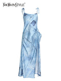 Sexy Print Dress For Women Square Collar Sleeveless High Waist Colorblock Midi Dresses Female Clothing Fashion