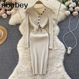 Hollow Out Women Korean Knitted Dress Long Sleeve Elastic Slim Pencil Dresses 2022 Autumn Sexy Bodycon Sweater