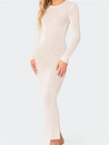 Sexy Women Summer Autumn Party Long Dress Solid Round Neck Long Sleeve Backless Knitted Dress Female Vestido Clubwear-Outfit