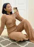 Casual Khaki Fleece V-neck Long Sleeve Crop Top and Wide-legged Pants 2 Piece
