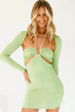 Sexy Green Long Sleeve Halter Neck Mini