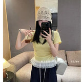 Lace Spliced Under Hem Short Sleeve Lace T-Shirt Summer New Slim White Collar Showing Thin Bottom