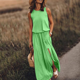 2025 Summer Women's Fashion Trend Retro Round-Neck Sleeveless Forked Solid Color Two-Piece
