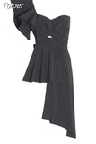 Elegant Asymmetrical Shirts For Women Skew Collar Ruffled Butterfly Sleeve Hollow Out High Waist Ruched Shirt Female