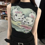 Woman Tshirts 2023 Ropa Mujer Crop Tops Half High Collar Sleeveless Tunic Tees Cat Print Fashion Casual Y2k T Shirt 7k741-Outfit