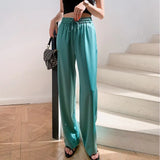 High Waist Wide Leg Pants Women Solid Oversized Silk Satin Vintage Green Pants Female Casual Straight Loose