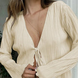 Women Solid Color Striped Cardigan Shirts Long Flare Sleeve Lace-up Deep V Neck Ruffled Tops Casual Party Slit Blouse-Outfit