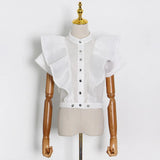 Casual Ruffle Trim Shirt For Women Stand Collar Sleeveless Solid Straight Blouses Female Spring Clothing Style